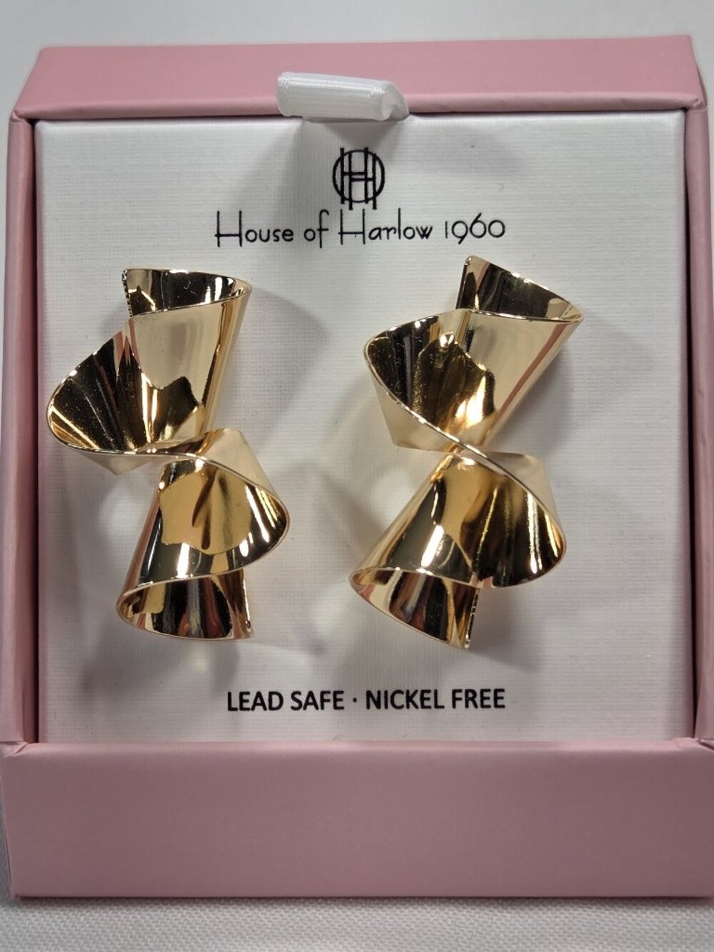 House of Harlow 1960 Gold Twisted Ribbon Earrings Spiral Wave Statement NIB